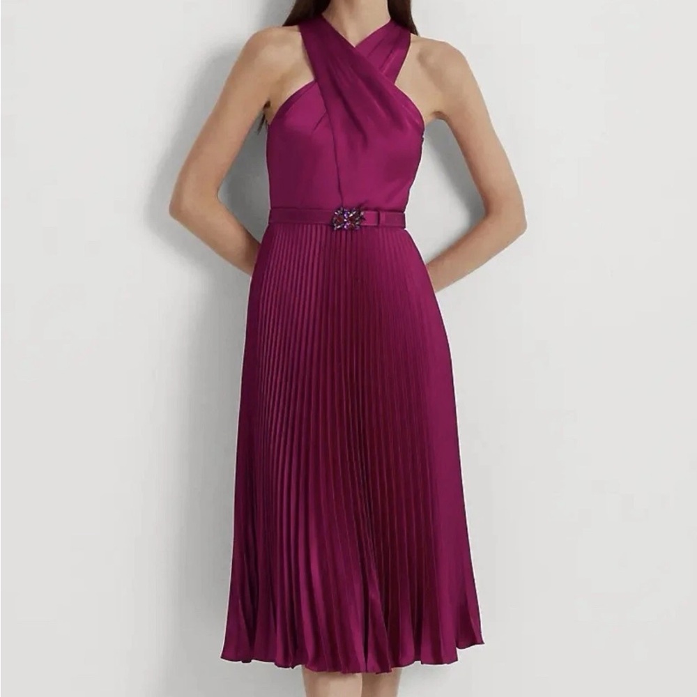 Lauren Ralph Lauren pink fuchsia halter pleated cocktail satin dress size 4